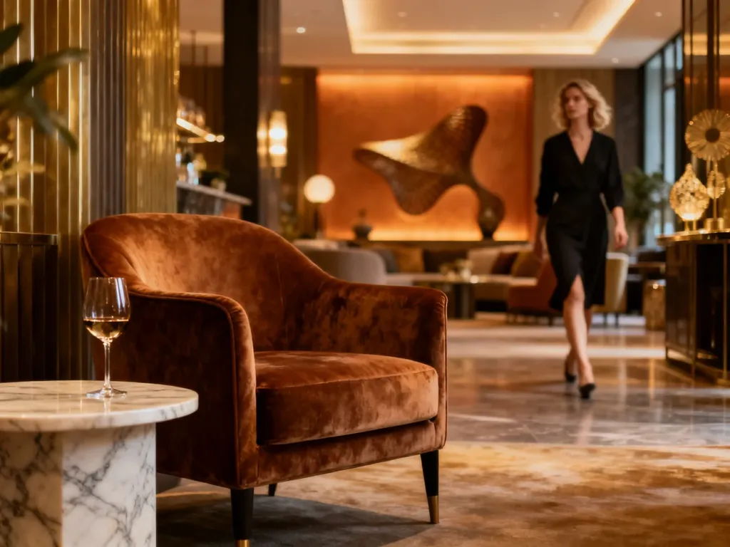 Eleganckie lobby hotelu butikowego z aksamitnym fotelem i stylowym wystrojem, podkreślające luksusowy charakter obiektu.