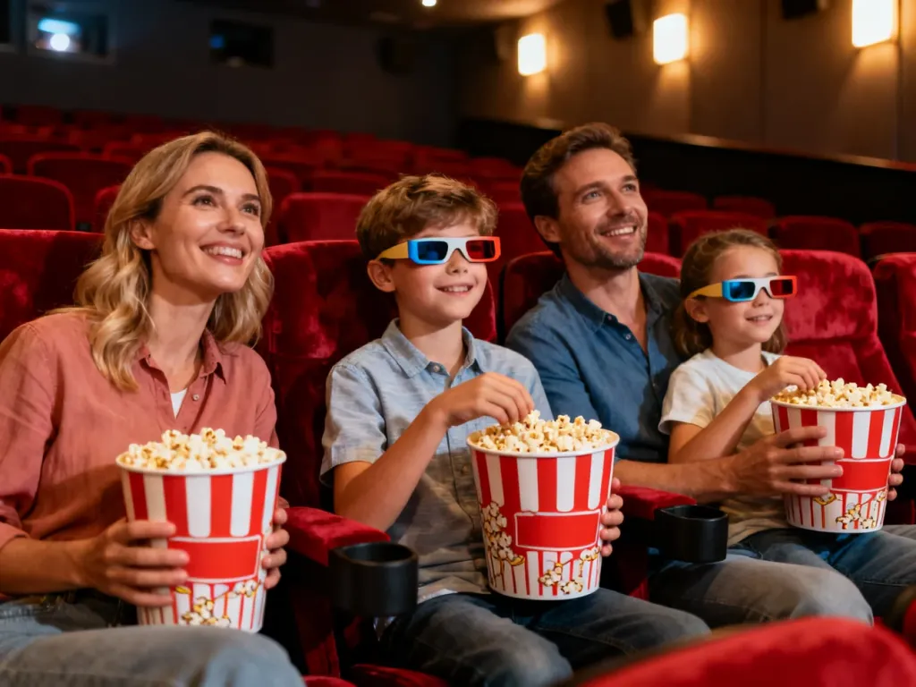 Szczęśliwa czteroosobowa rodzina z popcornem i okularami 3D siedzi w kinie, ciesząc się wspólnym seansem filmowym.