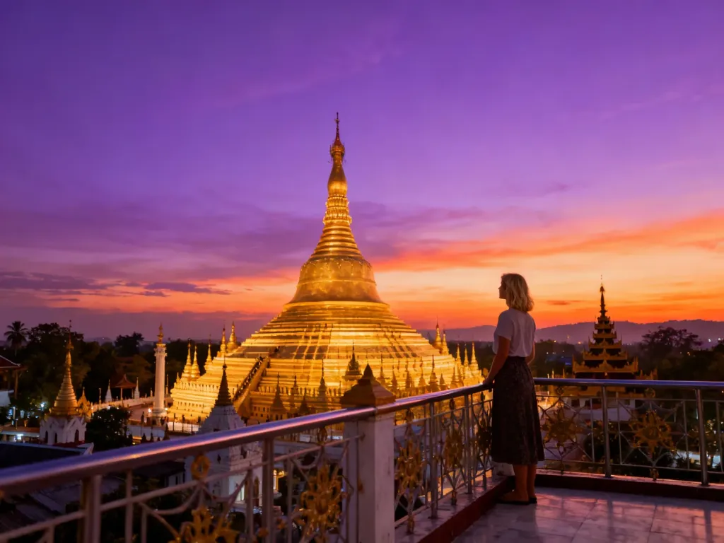 Turystka podziwiająca złotą pagodę Shwedagon w Mjanmie podczas zachodu słońca.
