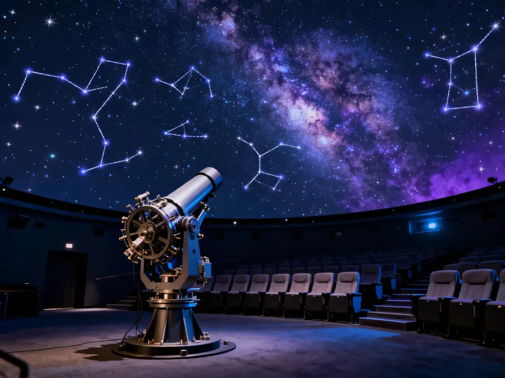 Nowoczesna sala projekcyjna Planetarium Śląskiego z zaawansowanym projektorem gwiazd pod rozgwieżdżonym niebem.