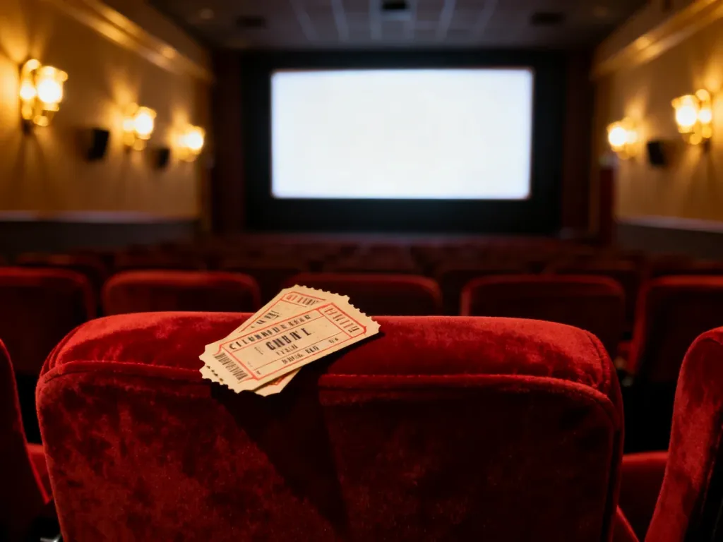 Dwa bilety kinowe leżące na czerwonym fotelu w sali kinowej, symbolizujące ofertę zniżkową w Cinema City.