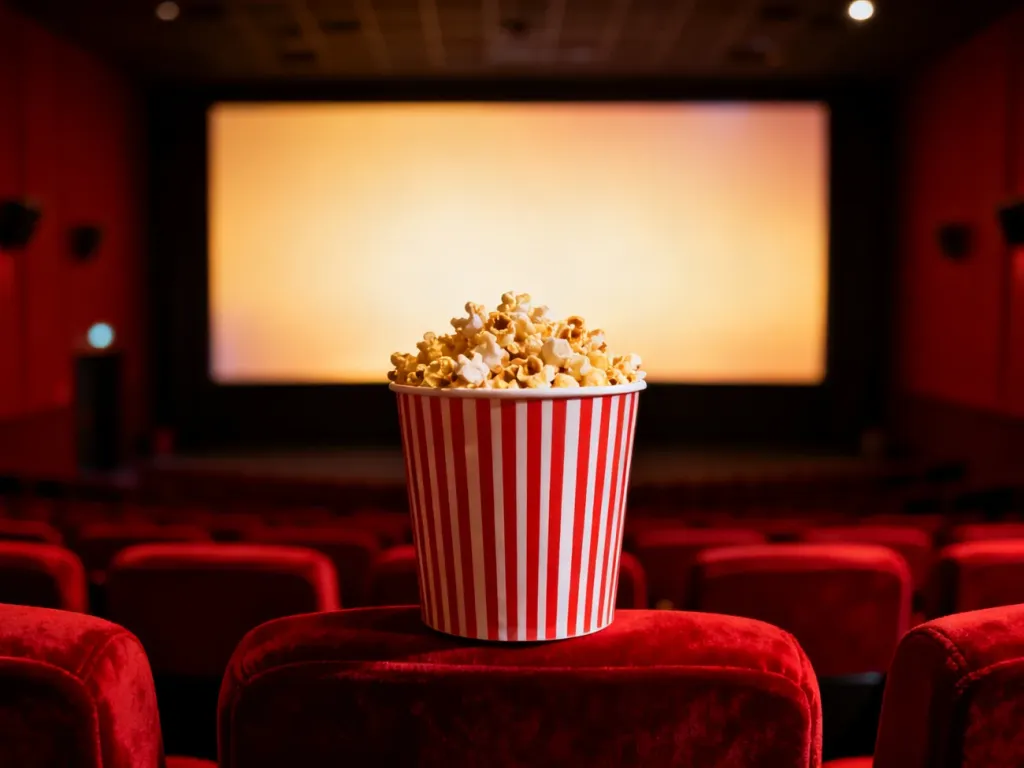 Wiadro świeżego popcornu na czerwonym fotelu kinowym w sali z rozświetlonym ekranem w tle.
