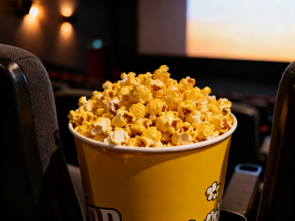 Duże wiadro świeżego, maślanego popcornu na kinowym fotelu w tle zaciemnionej sali.