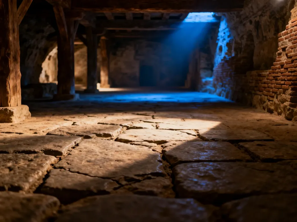 Widok na zabytkowe, kamienne podziemia Rynku z nastrojowym oświetleniem, podkreślającym historyczny charakter miejsca.