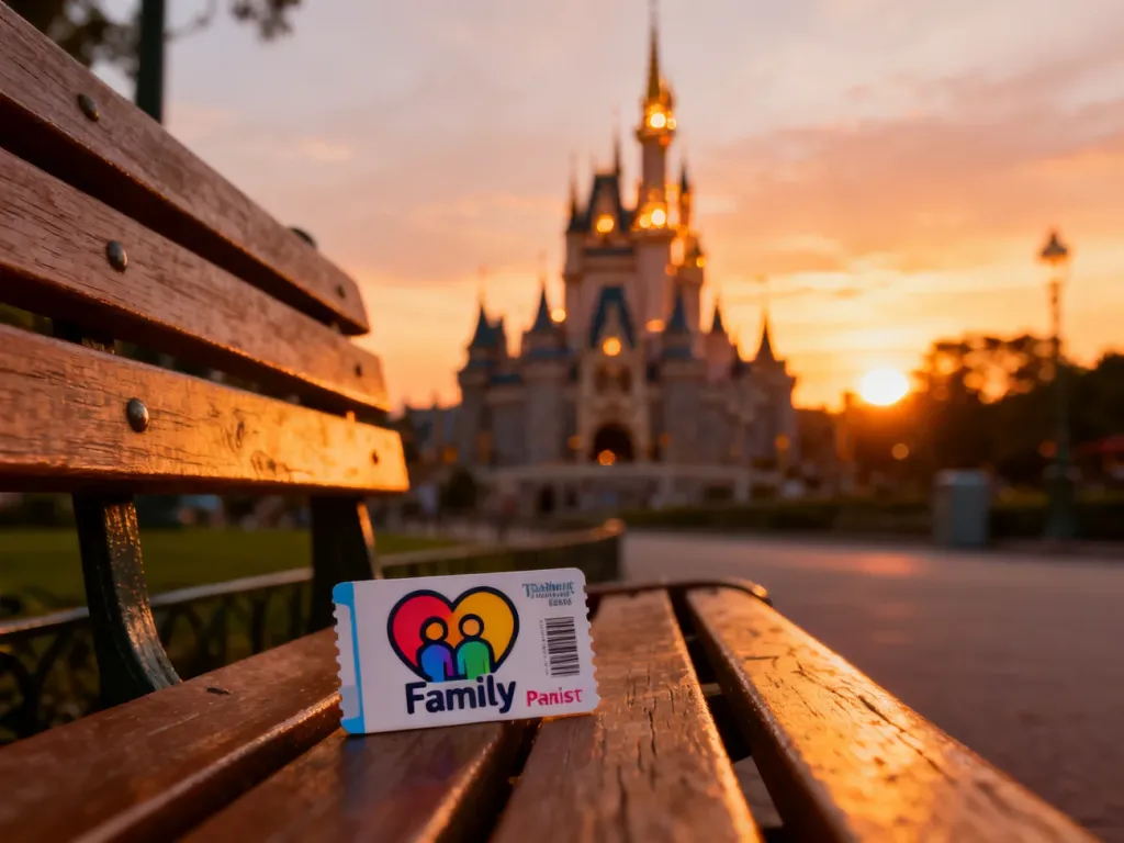 Ikona biletu rodzinnego na tle zamku w Disneyland Paris podczas zachodu słońca, symbolizująca planowanie wyjazdu.