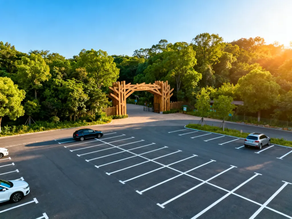 Przestronny parking przy wejściu do wrocławskiego zoo w otoczeniu zieleni i drzew w słoneczny dzień.