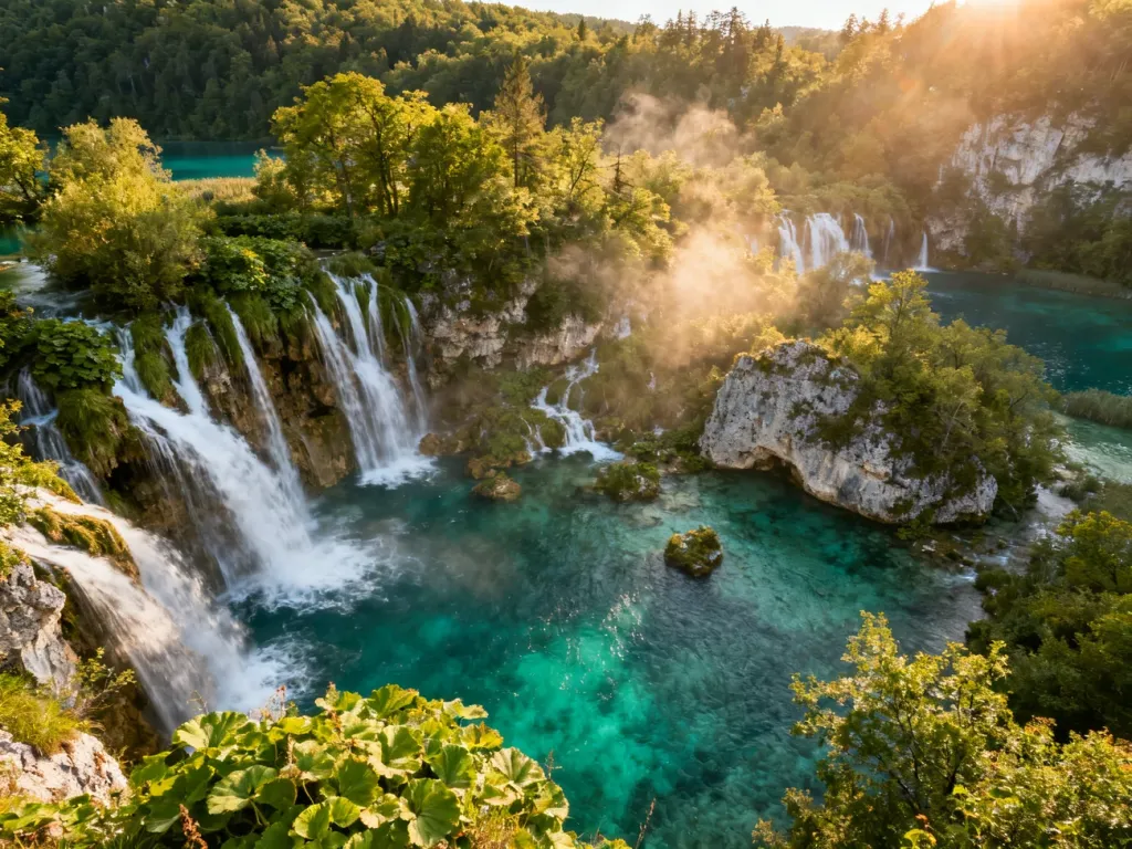 Turkusowe kaskady wodospadów i szmaragdowe jeziora w Parku Narodowym Jezior Plitwickich w otoczeniu bujnej zieleni.