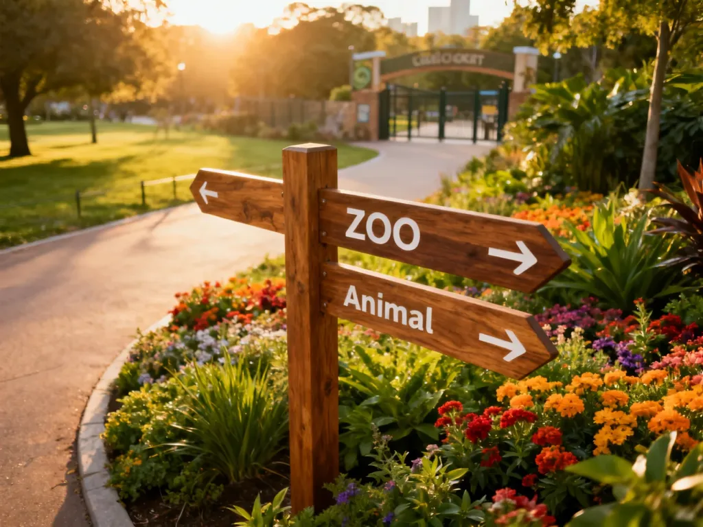 Nowoczesna brama wejściowa do zoo otoczona zielenią i kwiatami, z drogowskazami kierującymi do wybiegów dla zwierząt.