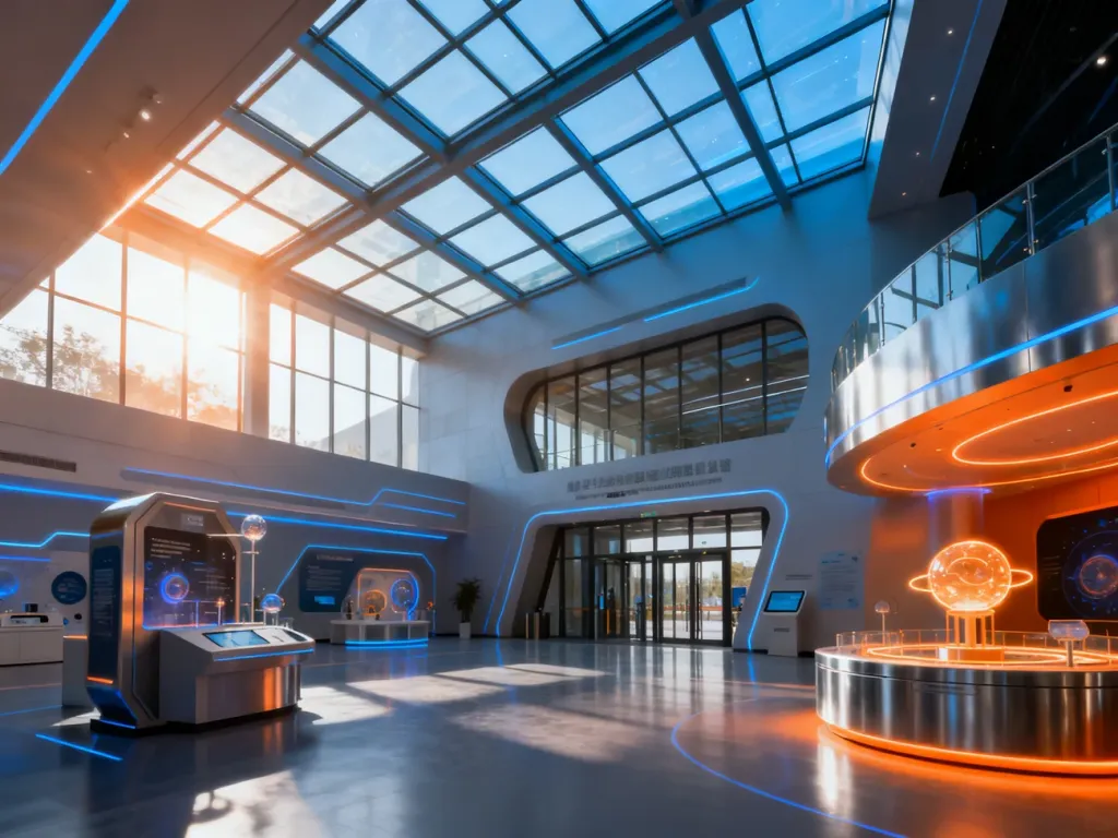 Nowoczesne wnętrze Centrum Nauki Kopernik z interaktywnymi eksponatami i futurystyczną architekturą w świetle dziennym.