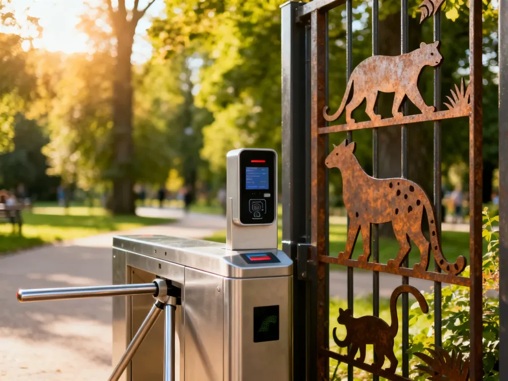 Wejście do wrocławskiego zoo z nowoczesnymi bramkami w słoneczny dzień.