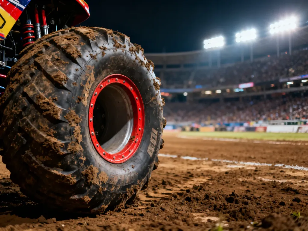 Zbliżenie na potężną, zabłoconą oponę monster trucka na arenie sportowej w blasku stadionowych reflektorów.