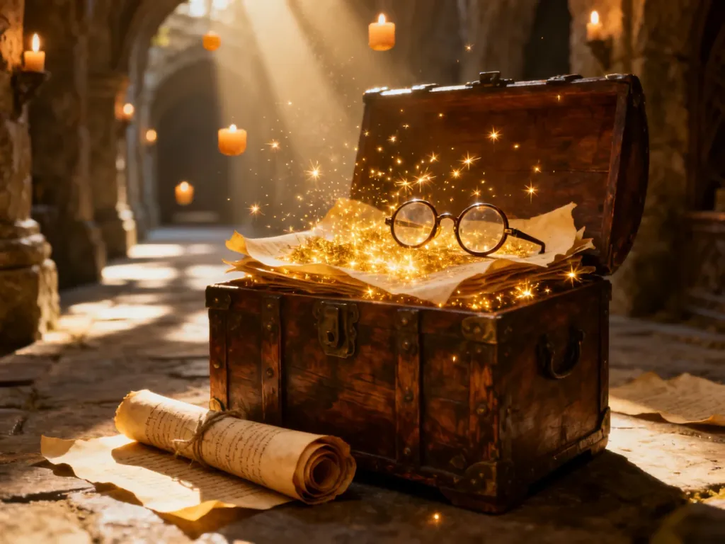Otwarty, magiczny kufer pełen złotych iskier, pergaminów i okularów w klimacie Hogwartu.