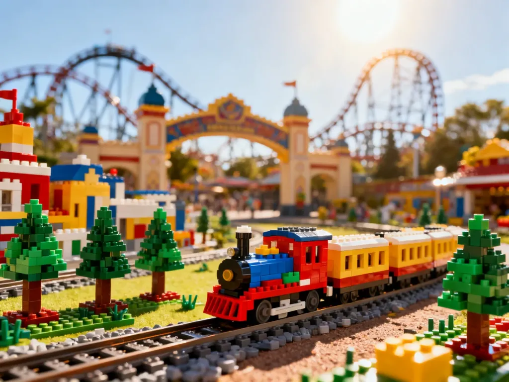 Kolorowa makieta miasta z klocków z pociągiem na pierwszym planie oraz widocznym w tle wejściem do parku rozrywki Legoland.