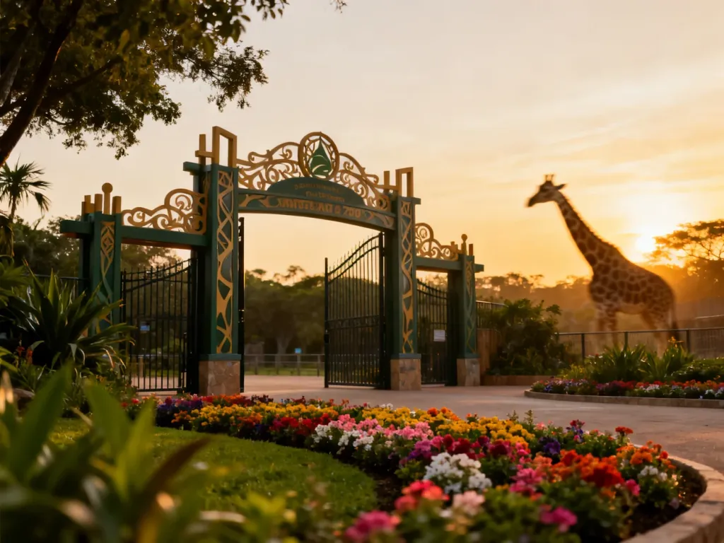 Ozdobna brama wejściowa do Zoo w Berlinie otoczona bujną roślinnością, z sylwetką żyrafy widoczną na tle zachodzącego słońca.