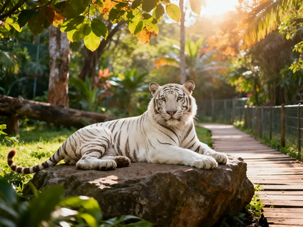 Dostojny biały tygrys odpoczywający na skale w wybiegu w Zoo Borysew w otoczeniu zieleni.