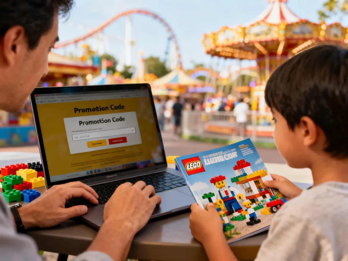 Rodzic wykorzystujący kupon LEGO podczas rezerwacji biletu online
