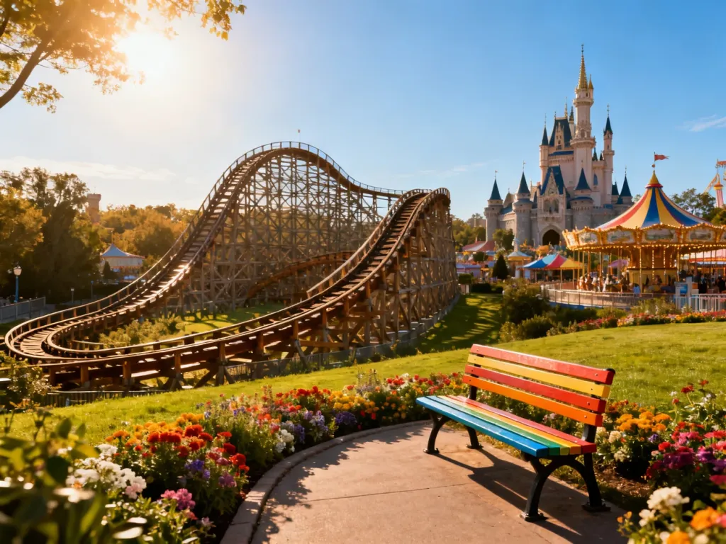 Widok na drewnianą kolejkę górską oraz malownicze wieże zamkowe w Europa-Park w słoneczny dzień.