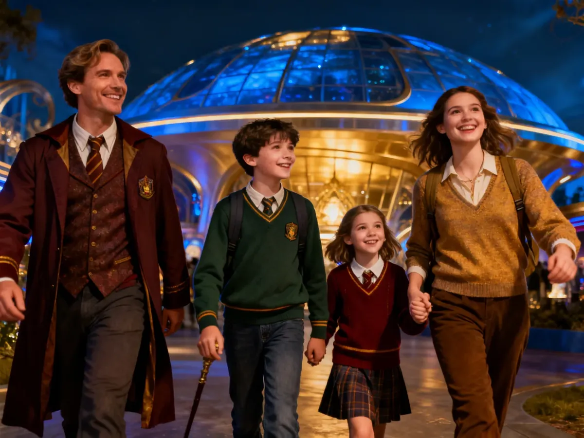 Rodzina przed futurystycznym obiektem wystawy Harry Potter