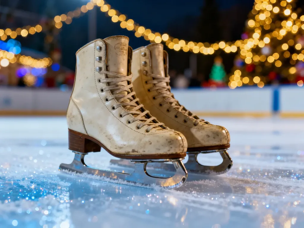 Łyżwy na tafli lodu w otoczeniu świątecznych świateł, wprowadzające w magiczny klimat przedstawienia Disney on Ice.