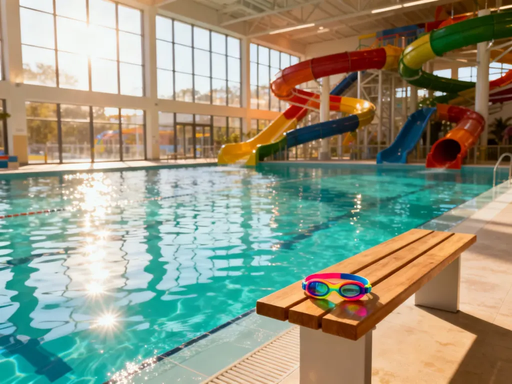 Nowoczesny aquapark z basenami i zjeżdżalniami, oświetlony promieniami słońca wpadającymi przez duże okna.