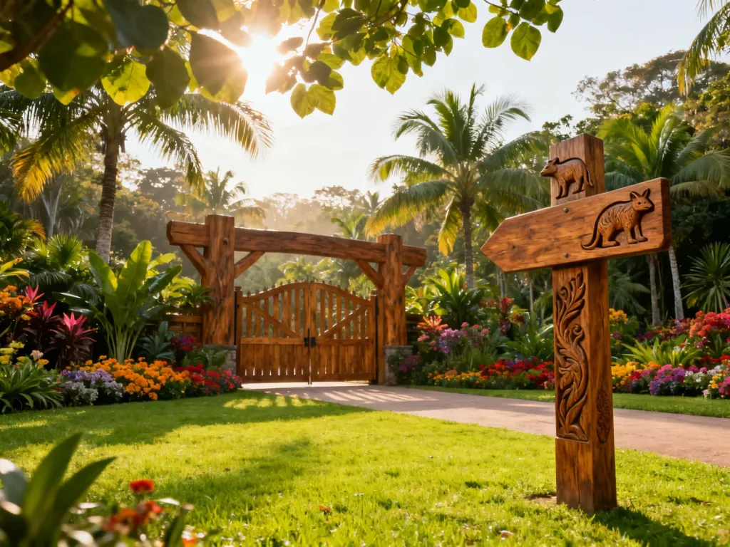 Wejście do ogrodu botanicznego w zoo z drewnianym drogowskazem z motywami zwierzęcymi wśród egzotycznej roślinności.