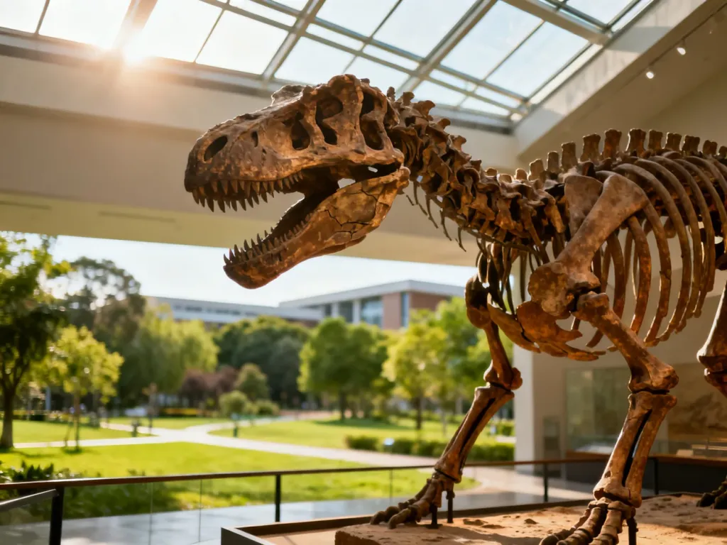Realistyczny szkielet dinozaura w muzeum na tle słonecznego parku edukacyjnego w Juraparku Krasiejów.