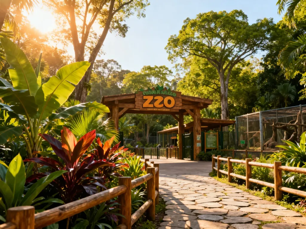 Główne wejście do krakowskiego zoo otoczone bujną zielenią i drzewami w słoneczny poranek.