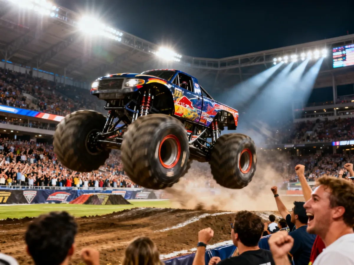 Monster truck wykonujący skok podczas dużego widowiska na stadionie