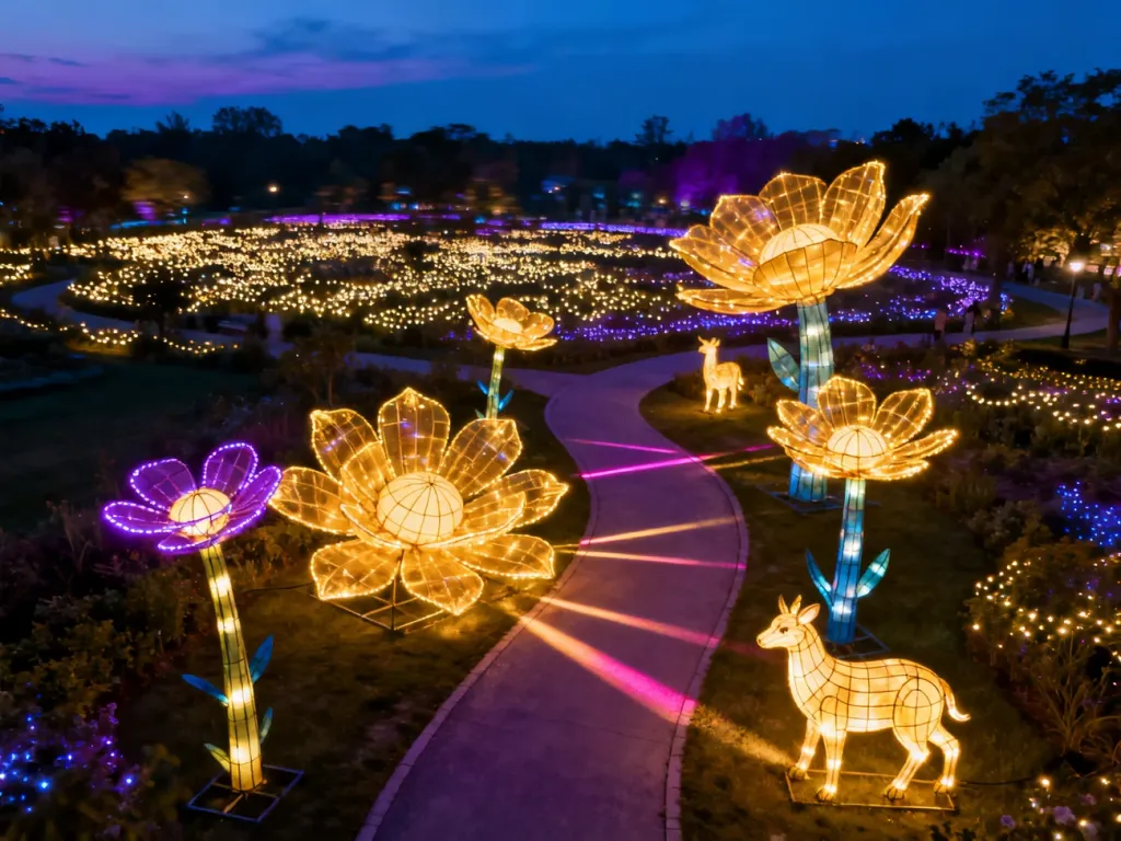 Magiczny park iluminacji nocą z podświetlanymi rzeźbami kwiatów i zwierząt oraz tysiącami migoczących światełek LED.