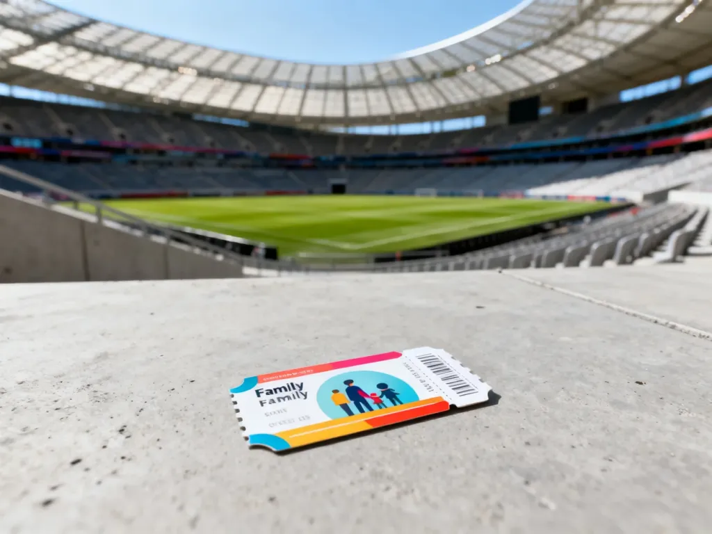 Ikona biletu rodzinnego na tle trybun Stadionu Narodowego, zachęcająca do wspólnego zwiedzania obiektu.