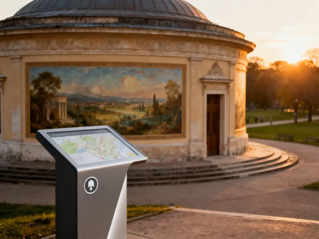 Budynek rotundy Panoramy Racławickiej w świetle zachodzącego słońca z nowoczesnym punktem informacyjnym na pierwszym planie.