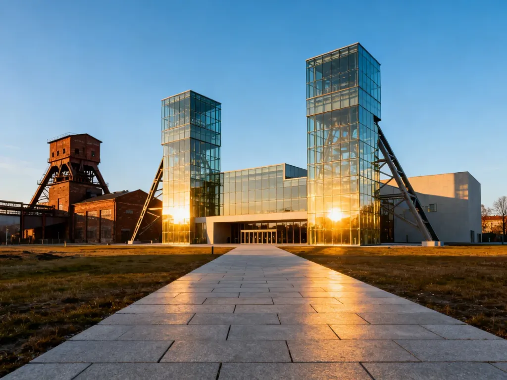 Nowoczesne szklane wieże Muzeum Śląskiego na tle zabytkowych budynków kopalni w świetle zachodzącego słońca.