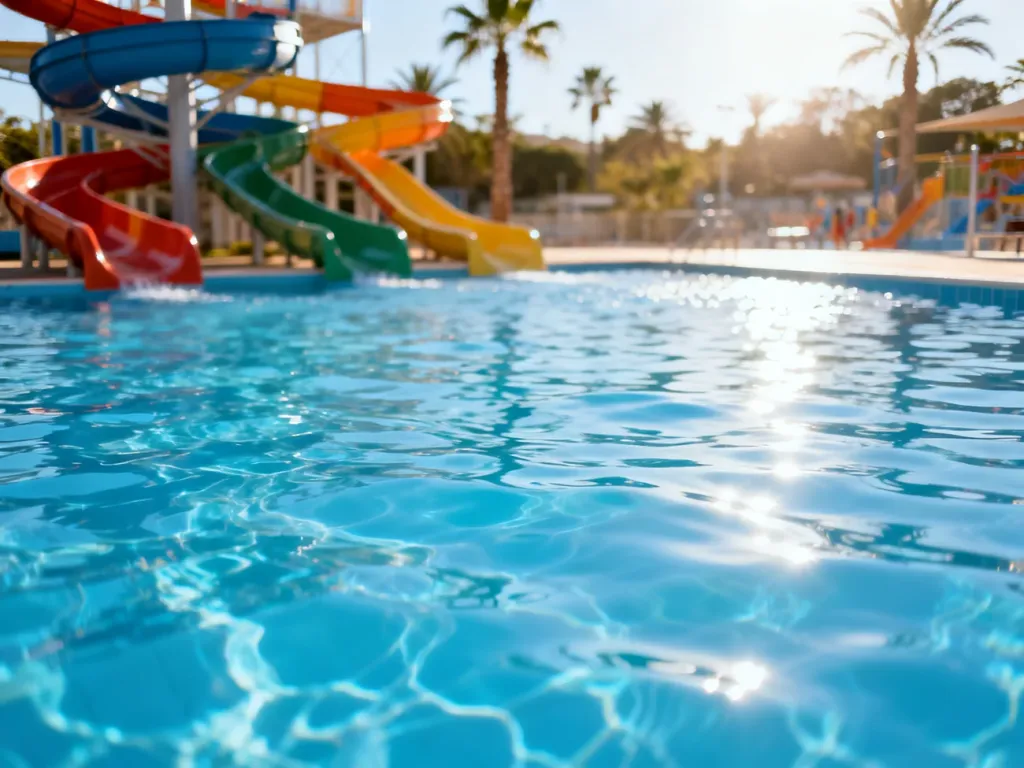 Słoneczny aquapark z kolorowymi zjeżdżalniami i basenem, zachęcający do rodzinnego wypoczynku w letnie dni.