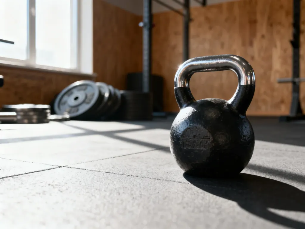 Czarny żeliwny kettlebell ustawiony na podłodze w sali treningowej, gotowy do rozpoczęcia ćwiczeń.
