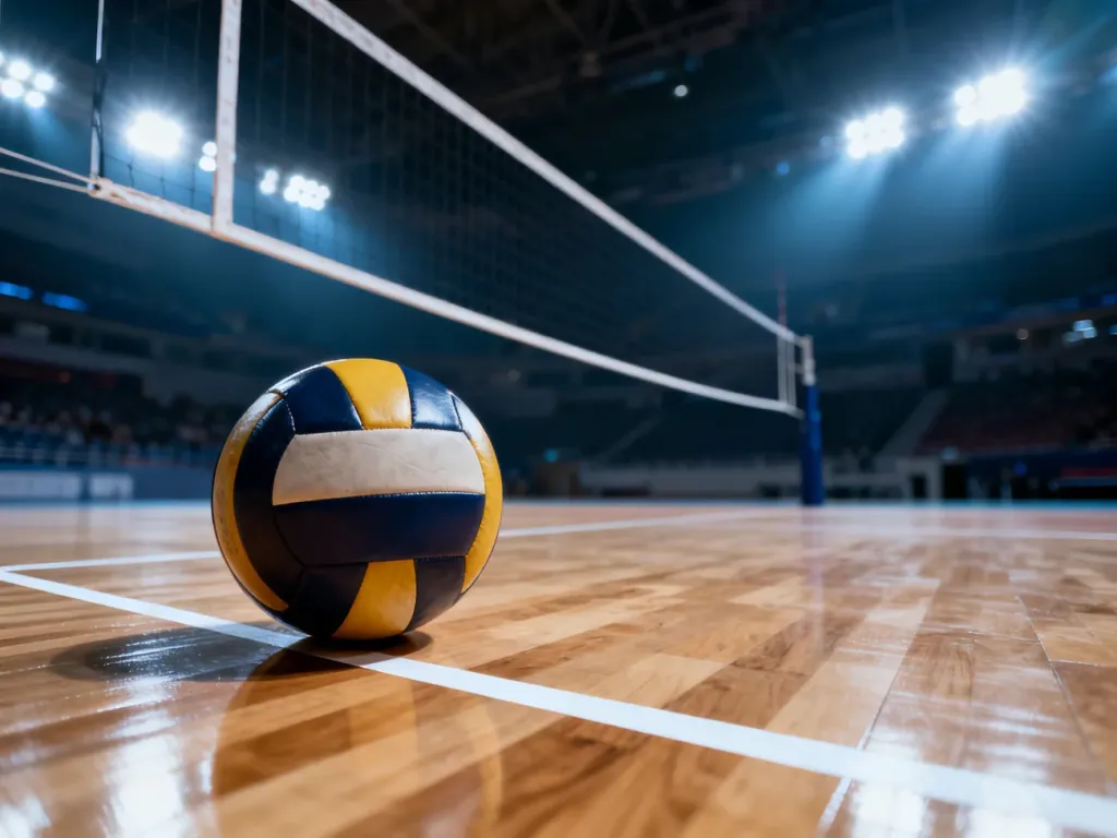 Skórzana piłka do siatkówki leżąca na linii boiska w hali sportowej z widoczną w tle siatką.