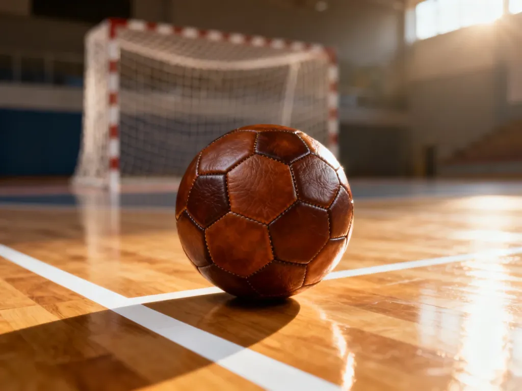 Skórzana piłka do piłki ręcznej leżąca na parkiecie hali sportowej w tle z bramką.