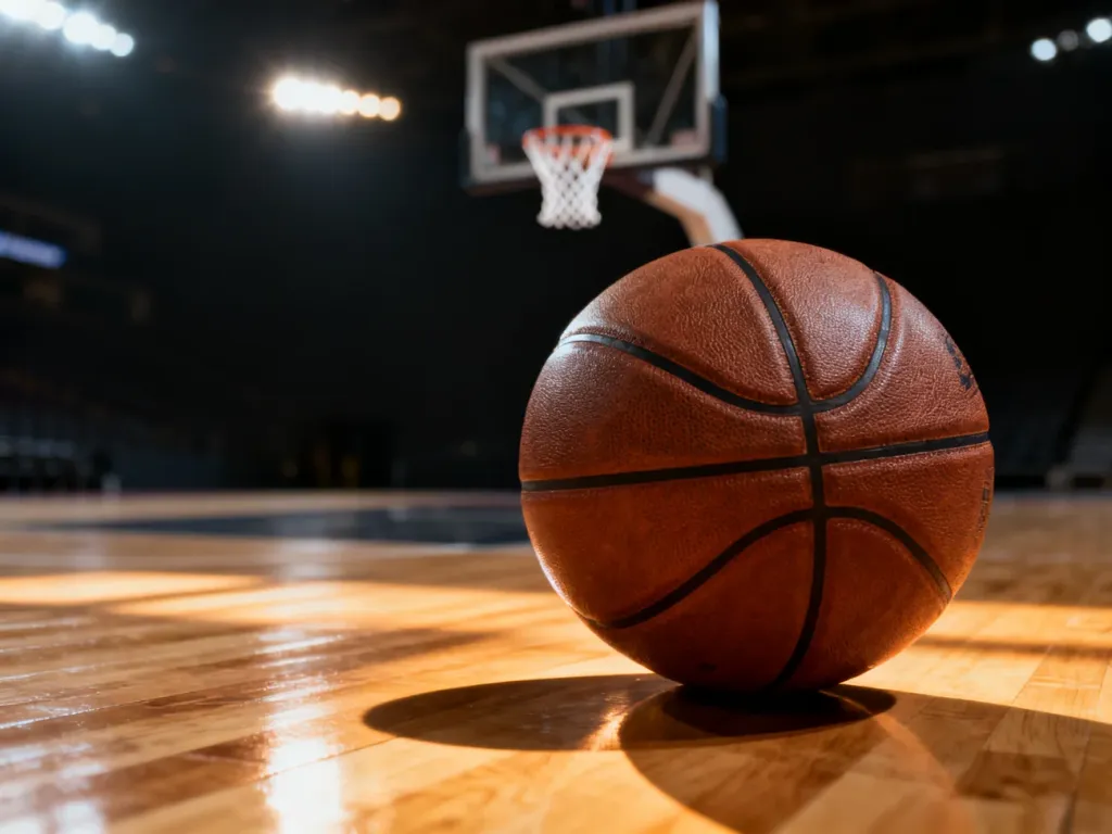 Skórzana piłka do koszykówki leżąca na parkiecie hali sportowej z koszem w tle.