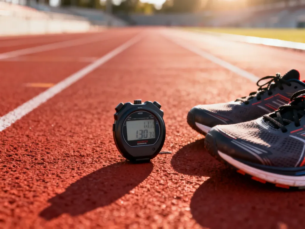 Profesjonalny stoper sportowy i buty do biegania na bieżni lekkoatletycznej w słoneczny poranek.