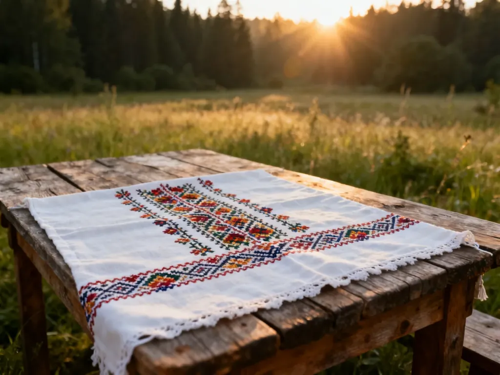 Tradycyjny słowiański haft na drewnianym stole w otoczeniu porannej łąki, podkreślający naturalny charakter gimnastyki.