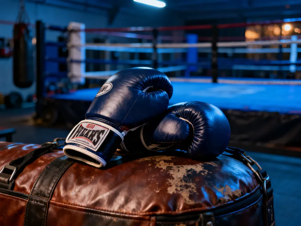 Profesjonalne rękawice bokserskie na worku treningowym w sali sportowej, przygotowujące do treningu kickboxingu.