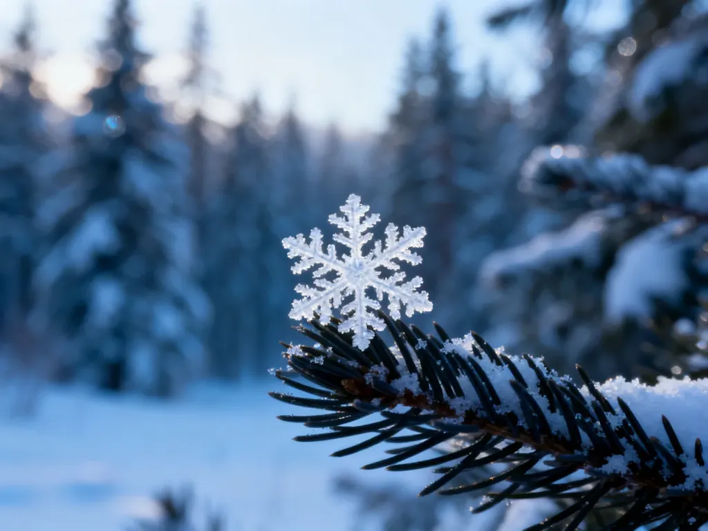 Pojedynczy płatek śniegu na igle sosnowej na tle zimowego, ośnieżonego lasu w chłodnym, porannym świetle.