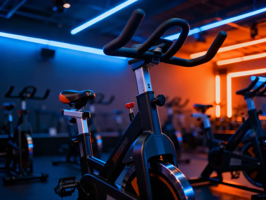 Profesjonalny rower stacjonarny w nowoczesnym studiu do spinningu z nastrojowym oświetleniem LED w tle.