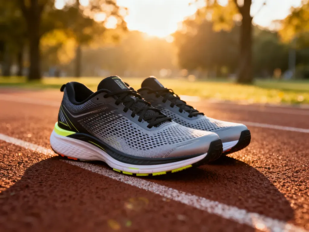 Nowoczesne buty do biegania na bieżni lekkoatletycznej w promieniach porannego słońca.