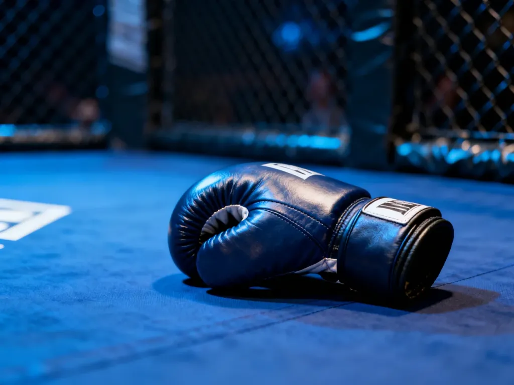 Skórzana rękawica MMA spoczywająca na macie oktagonu w świetle reflektora. Profesjonalne ujęcie areny walk UFC.