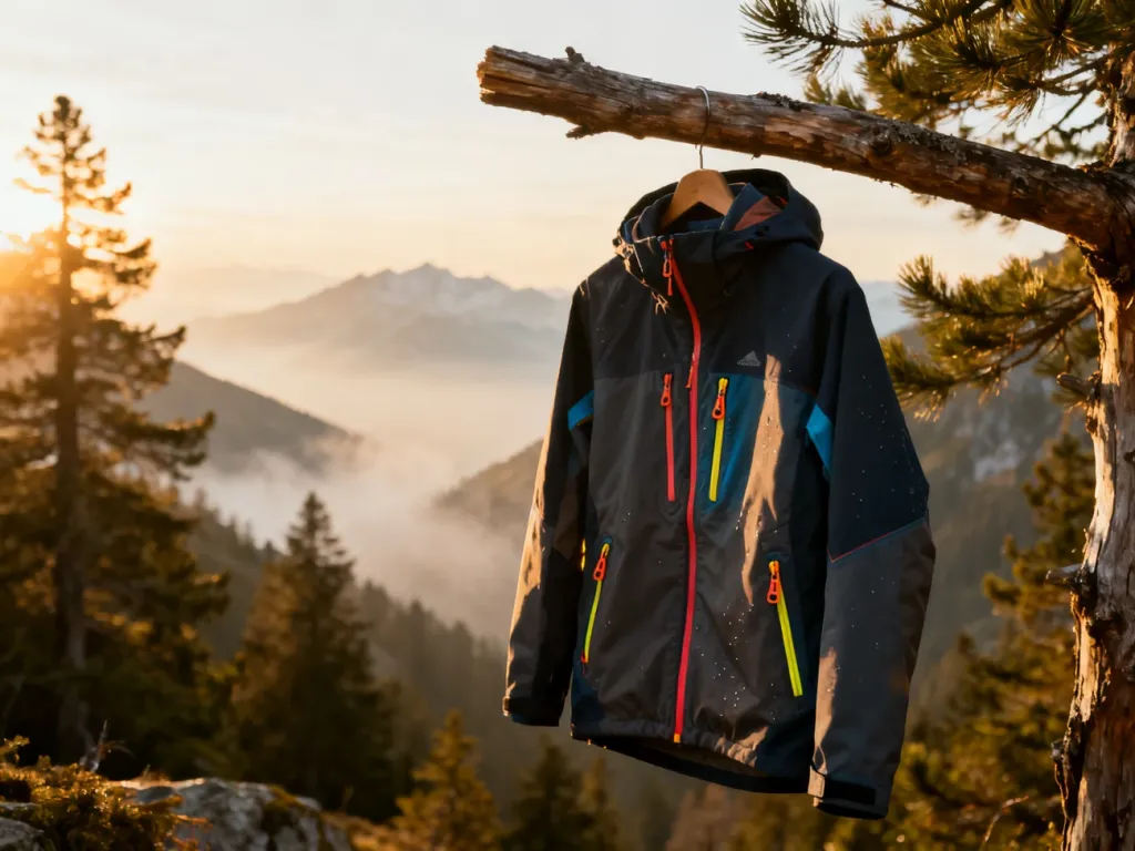 Techniczna kurtka outdoorowa zawieszona na gałęzi w górskim lesie o zachodzie słońca.