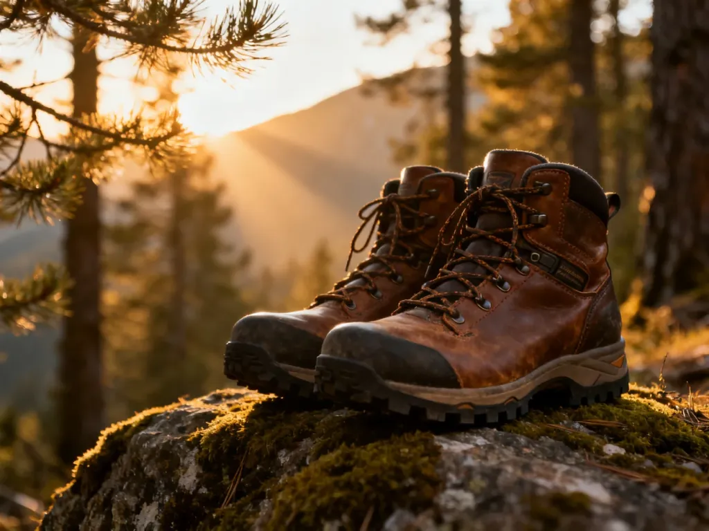 Profesjonalne buty trekkingowe na mszystym głazie w górskim lesie podczas zachodu słońca.