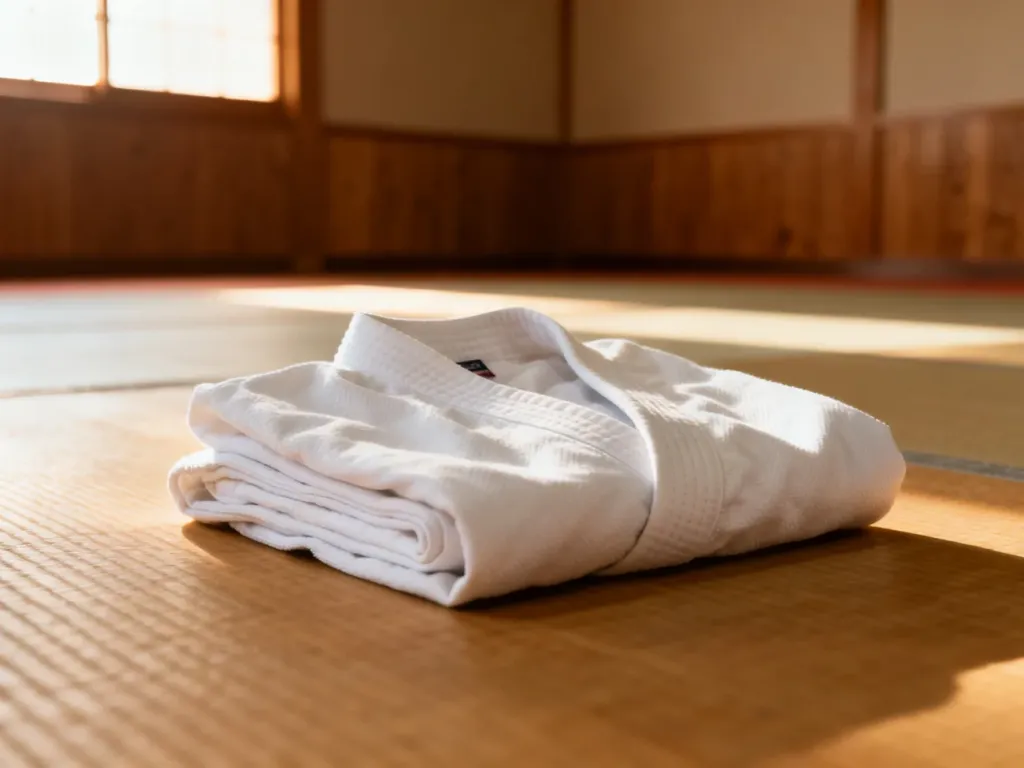 Starannie złożone białe kimono do karate leżące na drewnianej podłodze tradycyjnego dojo w promieniach porannego słońca.