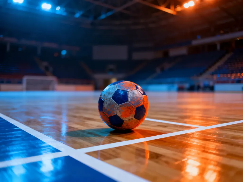 Profesjonalna hala do futsalu z piłką na parkiecie i widocznymi liniami boiska w świetle reflektorów.