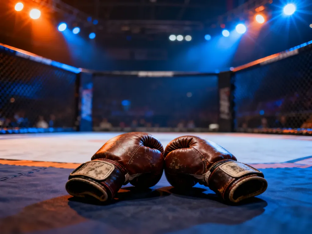 Profesjonalne rękawice bokserskie leżące na macie wewnątrz oktagonu MMA w przyciemnionej arenie.