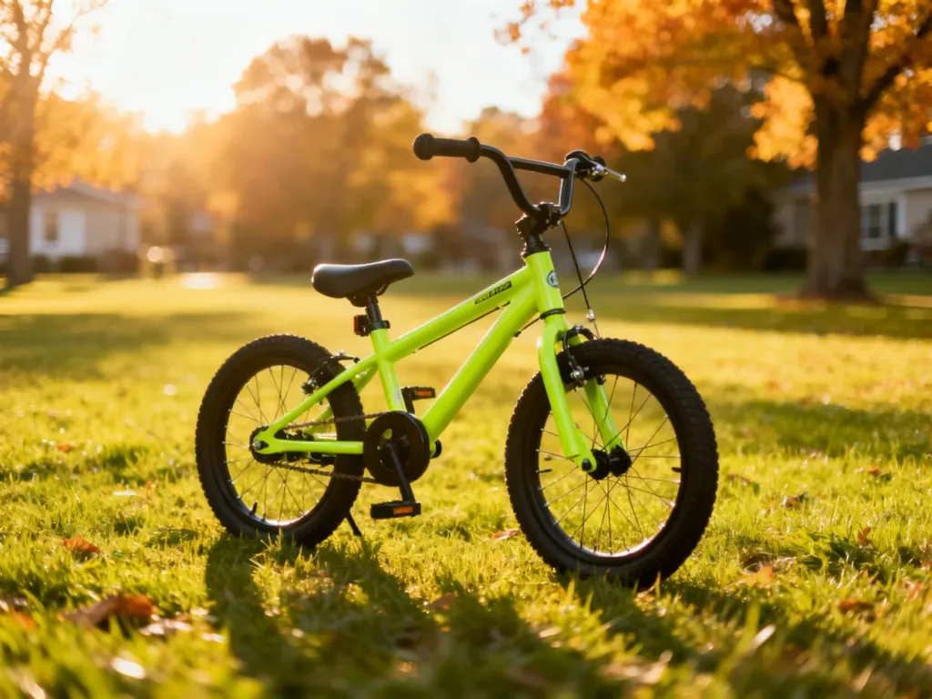 Nowy, limonkowy rower dziecięcy na 20-calowych kołach, stojący w słonecznym parku. Idealny wybór dla siedmiolatka.